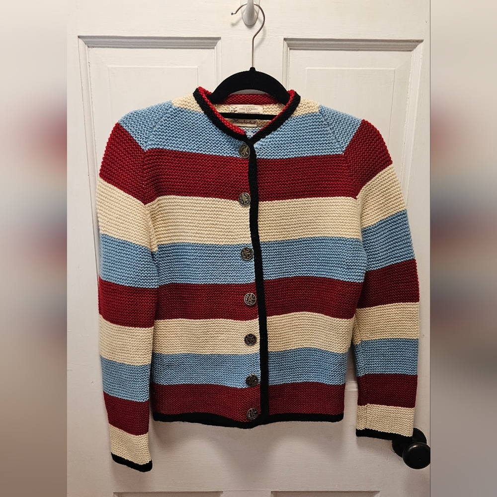 Women's All Wool Made in Germany Red, White and Blue Button Front Cardigan Small